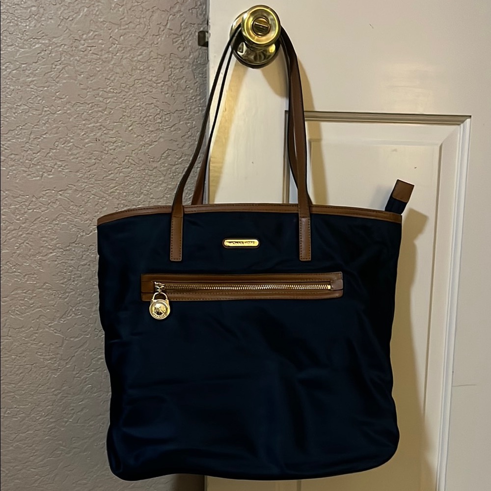 Navy Michael Kors Tote Bag with Brown Accents